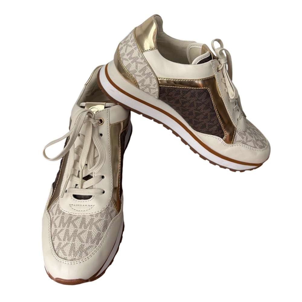 Michael Kors Maddy Mixed Media Sneakers Vanilla Gold Logo Monogram 7.5M NWOB - Picture 2 of 9